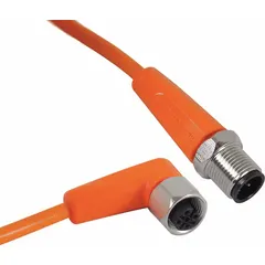 Double-ended cordset with M12 male right-angle and M12 female straight connectors. 5-pin, 22 AWG, 5 m cable length. Orange PVC jacket. IP65 rated. Used for connecting sensors and actuators in industrial automation, suitable for flexing applications in machinery and material handling.