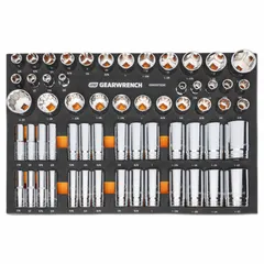 This 60-piece SAE socket set includes 12-point and 6-point sockets ranging from 5/16" to 1-1/2" with a 1/2 in drive. Features a friction ball retention mechanism for secure socket attachment. Suitable for fastening and loosening bolts and nuts in automotive repair, industrial maintenance, and mechanical assembly.