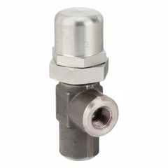 Hard-seat pressure control valve with stainless steel body and 1/4 in NPT connections. Maximum set pressure 2,200 psi. Used in hydraulic systems to regulate or limit pressure in industrial applications.