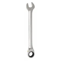 This metric spline ratcheting combination wrench is made from alloy steel with a chrome finish. It features a 22 mm head size and an overall length of 11 1/4 inches. The spline design allows gripping of multiple fastener types, suitable for tightening or loosening fasteners in industrial maintenance, automotive repair, and mechanical assembly.