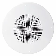 Indoor ceiling-mount speaker, powered 2-way design with 8 ohm impedance and 13-inch overall width. Suitable for background music and paging in commercial spaces such as offices and retail stores.