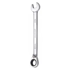This metric 12-point ratcheting combination wrench features a 22 mm head size and an offset design for accessing recessed fasteners. The chrome finish provides corrosion resistance, and the ratcheting mechanism allows continuous turning without repositioning. Suitable for tightening or loosening fasteners in confined spaces.