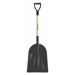 Standard scoop shovel with a #12 plastic blade measuring 18-3/4 inches long and 14-3/8 inches wide, mounted on a wood handle. Suitable for general material handling tasks such as moving grain, sand, snow, or light debris in agricultural, construction, and industrial settings.
