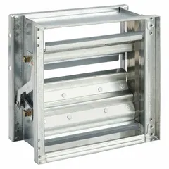 Rectangular manual control damper for regulating airflow in HVAC duct systems. Features a V-groove blade with TPE blade seal, normally open switch action, and includes an extension pin kit. Wall-mounted design with hat channel construction. Maximum air velocity 3000 fpm.