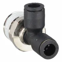 This LEGRIS tube fitting is a tee configuration with Tube x Tube x MNPT connections, designed for 1/4 in OD tubing and 3/8 in pipe size. Constructed from nylon and nickel-plated brass, it is suitable for use in pneumatic or fluid systems where a branch connection is needed. The push-fit design allows tool-free assembly and disassembly. Sold in a pack of 10