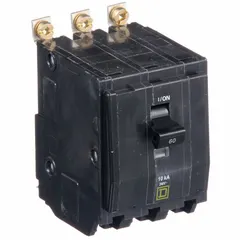 Three-phase bolt-on miniature circuit breaker rated 60 A at 120/240V AC. Provides overcurrent protection with a maximum interrupting rating of 10 kA at 120/240V AC. Suitable for use in Square D NQOD panelboards for commercial and industrial electrical distribution systems.