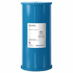 Water purification cartridge containing WBMPOH cation resin media. Designed for deionization in water purification systems, removing dissolved ions. Flow rate 1.9 lpm, overall diameter 4 1/2 in.
