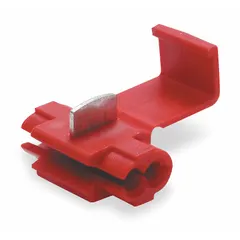 This double-port run tap wire connector from 3M is designed for splicing or tapping solid or stranded copper wire without stripping insulation. It accommodates run wires from 22 AWG to 14 AWG and is rated for 600 V. The connector is red and intended for single-use applications in electrical junction boxes, lighting fixtures, and control panels.