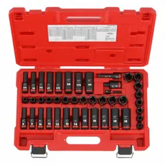 This 43-piece impact socket set includes SAE and metric sizes ranging from 8 mm to 19 mm with a 3/8 in drive. Designed for use with impact wrenches, it features a friction retention mechanism for secure socket retention. Suitable for fastening and loosening nuts and bolts in automotive, construction, and industrial maintenance tasks.