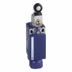Roller lever limit switch from the XCKP series with a 0.22 in roller width and screw clamp terminals. Features 2 mounting holes. Used in industrial automation for position detection of moving machinery parts, such as in conveyor systems and packaging equipment.
