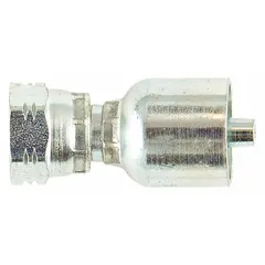 Steel straight crimp hose fitting with BSPP female thread (0.511"-27) on one end and crimp connection for -6 dash size hose on the other. Used in hydraulic systems to attach hose to BSPP threaded ports, common in fluid power applications requiring leak-resistant connections.