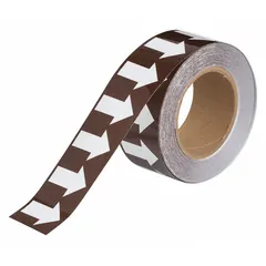 This pipe marking tape is used for identifying pipe contents and indicating flow direction in industrial facilities. It features a brown background with white legend text, is made of polyester, and is non-reflective. The tape measures 2 inches wide by 90 feet long (1,080 inches) and is supplied on a roll.