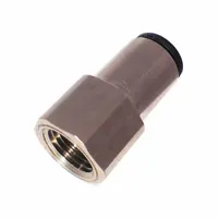 Nickel-plated brass push-to-connect adapter fitting with 1/4 in FNPT thread. Connects 3/16 in OD nylon or polyurethane tubing to a female NPT port. Used in pneumatic systems, instrumentation, and fluid handling circuits