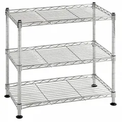 This light-duty stationary wire shelving unit is designed for dry environments. It features three shelves, an overall height of 18 inches, and a width of 18 inches with a depth of 10 inches. Constructed of stainless steel with a chrome finish in silver, it is suitable for organizing lightweight supplies in storage rooms, commercial kitchens, or retail back-of-house areas.