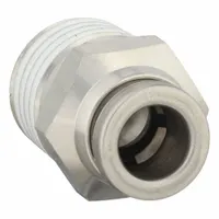 This SMC stainless steel tube fitting features a push-to-connect connection on one end and a 1/4" male NPT thread on the other. It is used in pneumatic systems to connect 1/4 in OD tubing to threaded ports without tools. The stainless steel construction provides corrosion resistance for industrial environments