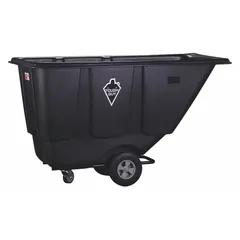 This plastic tilt truck has a 300 lb load capacity and 13.5 cu ft volume. It measures 60 in L x 30 in W x 42 1/2 in H, is black, and has no handle. Two axle-mounted casters provide mobility. Suitable for moving bulk materials, waste, or parts in warehouses, factories, and distribution centers.