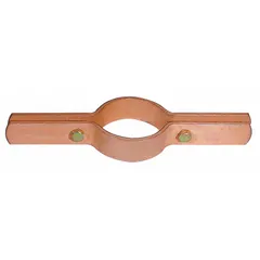This riser clamp is constructed from copper-plated steel for corrosion resistance. It supports vertical tube and pipe runs with a load capacity of 300 lb and an overall length of 11.19 in. Used to secure risers to structural members in plumbing, HVAC, and mechanical systems.