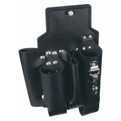 Black leather tool pouch with four open-top pockets designed for carrying knives. Attaches to a belt via a belt slot. Suitable for tradespeople requiring quick access to cutting tools on job sites.