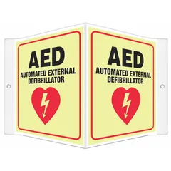 This V-shape projection sign is designed to mark AED locations in facilities. Made of PETG with glow-in-the-dark properties, it remains visible in low-light conditions. The sign features mounting holes for installation and has a nominal size of 6 in x 8-1/2 in. It is not retroreflective and has no anti-slip surface.