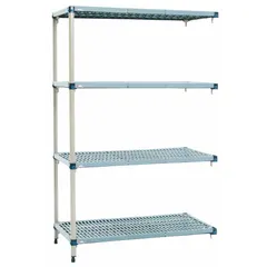 This stationary plastic shelving unit from METRO features a steel frame and four polymer shelves with antimicrobial resistance. The Quick-Adjust mechanism allows easy shelf repositioning without tools. Suitable for hygienic storage in environments requiring sanitation and corrosion resistance.