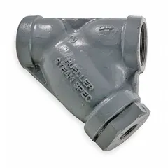 This Y strainer features a 304 stainless steel body and a 0.062 inch perforated screen for inline filtration in industrial piping systems. It is designed to remove debris from steam, water, or other fluids, protecting downstream equipment such as valves and pumps. The 1-1/2 inch NPT screwed end connections allow for straightforward installation in process piping and HVAC applications.
