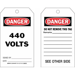 Red cardstock tags printed with 'Danger/440 Volts' and 'Do Not Remove This Tag' in English. Each pack includes 100 tags with cotton string fasteners. Used for electrical hazard identification and lockout/tagout procedures.