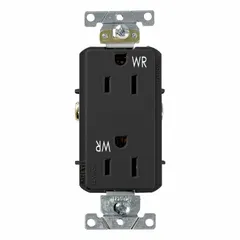 General purpose duplex receptacle rated 125V AC, 15A with NEMA 5-15 configuration, 2-pole/3-wire grounding. Black thermoplastic face. Suitable for powering standard 125V devices in residential, commercial, and industrial settings.