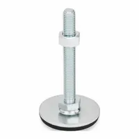Male leveling mount with a 2.36 in round base, 3/8"-16 thread size, and 2,248 lbf load capacity. Includes a nut and features an 11/16 in hex size with a Buna-N thrust pad. Used for leveling and stabilizing machinery, conveyors, and workstations while absorbing vibration and preventing skidding