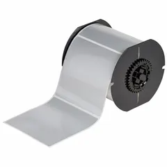 Precut label roll for industrial identification. Each label measures 4 in x 4 in and is made of metalized polyester with a silver finish. The roll contains 350 labels, halogen-free, and is compatible with the i3300 printer series.