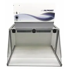 This GLAS-COL light duty ductless fume hood is fully assembled and includes a blower, base/stand, and work surface. With overall dimensions of 30 inches wide by 35 inches high, it is suited for containment of low-hazard particulates or vapors in laboratory or industrial bench-top settings.