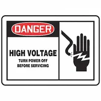 Vinyl adhesive sign, 3 1/2 in x 5 in, 0.02 in thick. Not retroreflective, not glow-in-the-dark, no anti-slip surface. Applied to equipment panels, junction boxes, or machinery to warn of electrical hazards and support lockout/tagout procedures