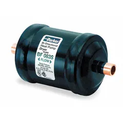 Steel shell filter drier for HCFC refrigerant systems. Bi-flow design with molecular sieve desiccant. Sized for 8-ton systems. Length: 5.5 inches.