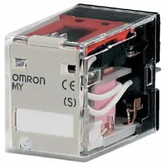 Surface-mounted relay from the OMRON MY Series with a square base and soldering mounting style. Features 4PDT contact configuration, 14 PCB terminals, and an AC contact rating of 0.80 A @ 240V. Operates on 110/120V AC supply. Suitable for switching loads in industrial control panels, automation systems, and HVAC equipment.