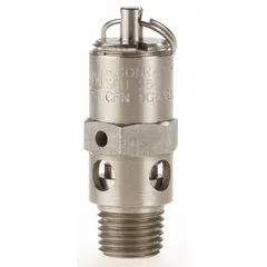Hard seat pneumatic safety valve with 1/4 in male NPT inlet and preset relief at 125 psi. Stainless steel construction. Used in compressed air systems, pneumatic circuits, and pressure vessels to prevent overpressure.