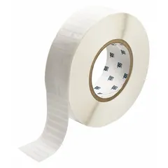 White gloss polyester precut label roll for industrial identification. Each label measures 1 45/64 in x 1/4 in. Compatible with i5100 printer series. Used for labeling equipment, cables, and components.
