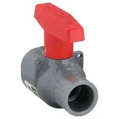 This CPVC ball valve features a straight body with socket x socket connections and a standard port ball port. It is operated manually with a tee handle for on/off flow control. Suitable for use in CPVC piping systems handling compatible fluids in industrial and chemical processing applications.