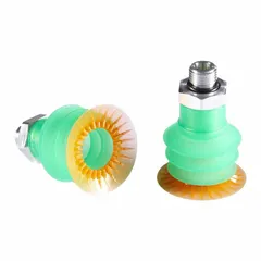 This multi-bellows vacuum pad assembly is designed for food-safe applications, featuring 3.5 folds and a 43.5 mm pad diameter. It has a G1/4 in vacuum port and is suitable for automated pick-and-place handling of delicate or irregular items.