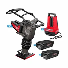 Battery-powered tamping ram and plate compactor delivering 3799 lbf compacting force. Features a 13 3/4 in plate length and 11 in plate width, powered by a 12 Ah battery. Suitable for compacting soil, gravel, and asphalt in construction and landscaping applications.