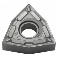 Trigon (W) indexable turning insert with molded chipbreaker design for effective chip control. Used for general-purpose turning, facing, and profiling operations on CNC lathes. Suitable for machining steel, stainless steel, and cast iron.