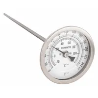 This back-mount fixed-angle thread-mount dial thermometer features a 5-inch dial and 9-inch stem. It measures temperature from 0°F to 250°F and -20°C to 120°C with accuracy of ±1% from 41°F to 200°F and ±1.5% otherwise. Suitable for installation in pipes or tanks for monitoring liquids or gases in industrial processes