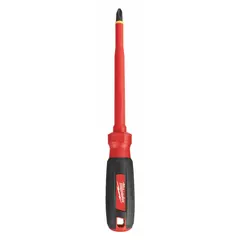 This #3 Phillips screwdriver features a cushion grip and friction handle for secure control. Insulated for protection against electrical shock, it is tether ready for fall prevention. Suitable for electrical work and maintenance tasks requiring reach in deep enclosures.