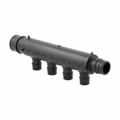 Polymer branch manifold with one 1-inch inlet and four 3/4-inch outlets. Rated for a maximum operating pressure of 73 psi. Used in plumbing and heating systems to distribute flow from a single supply line to multiple branches, such as in radiant floor heating or hydronic distribution networks.