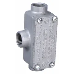 Iron T-type conduit outlet body with triple coat epoxy coating, 3/4 in trade size, threaded female hubs, and flat back. Includes cover. UL listed for hazardous locations: Class I, Division 1 and 2, Group D; Class II, Division 1 and 2, Groups E, F, G; and Class III. For use with RMC as a junction point for pulling and splicing conductors.