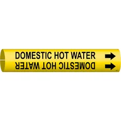 Yellow snap-on pipe marker with black legend 'Domestic Hot Water' and directional arrows. Fits pipe outer diameters from 3/4 to 1-3/8 inches. Used to identify domestic hot water lines in commercial and industrial piping systems.
