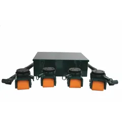 Machine roller kit comprising four swivel dollies with rubber-padded top plates and a 5-inch deck height. Each dolly measures 6 1/2 inches long by 3 1/2 inches wide. Includes two handles. Used for moving heavy loads in industrial settings such as plant maintenance and equipment reconfiguration.