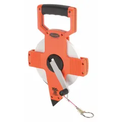 Manual open-reel long tape measure with a 100 ft steel blade, single-sided SAE/Engineers scale graduated in 1/100 ft increments. Features a loop tip and dead foot end, housed in a plastic case. Used for measuring long distances in construction, surveying, and engineering applications.