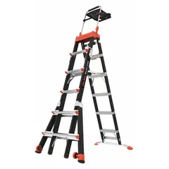 Fiberglass staircase multifunction ladder with 4 configurations: A-frame, extension, staircase, and scaffold. Supports up to 375 lb load capacity. Weighs 53 lb. Suitable for industrial access tasks such as plant maintenance, electrical work, and facility applications requiring a non-conductive ladder.
