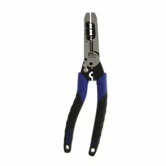 Multifunction wire stripper for cutting and stripping solid wire from 14 AWG to 2 AWG. Handles 12-2 and 14-2 cable sizes. Features an 11-inch overall length and standard cushion grip. Suitable for electrical wiring tasks.