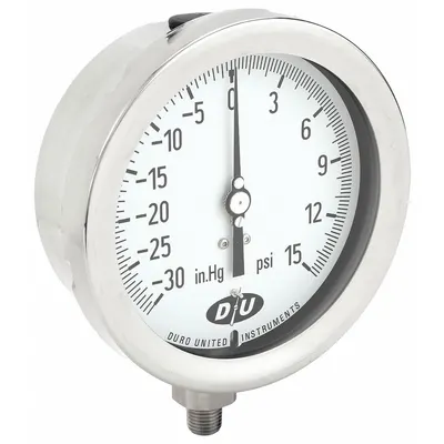 DURO Industrial Compound Gauge: 0 psi to 15 psi, White, 4 1/2 in Dial, 1/4 in NPT Male - All-Stainless Steel Wetted Parts & Casing