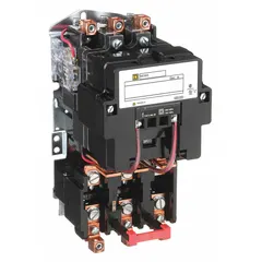 Three-phase, non-reversing magnetic motor starter rated 90 A at NEMA Size 3. Features screw clamp terminals and a 208V AC coil. Requires three melting alloy thermal units (not included) for overload protection. Suitable for controlling motors in applications such as pumps, conveyors, and compressors.